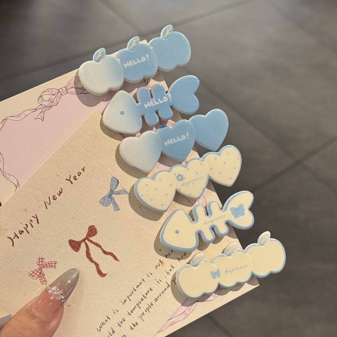 甜美蓝色系鱼骨苹果爱心发夹可爱少女心小清新刘海夹春夏百搭发卡