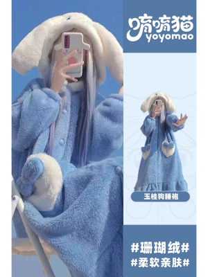 睡袍珊瑚绒女款2025新款长冬季连帽可爱玉桂狗公主套装家居服加厚