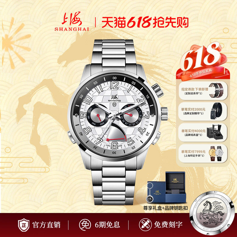 上海牌手表环球旅行家多功能自动机械表夜光能量显示腕表SH017