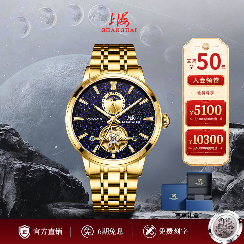 上海手表男日月星辰新款腕表砂金石星空飞轮自动机械表防水6009