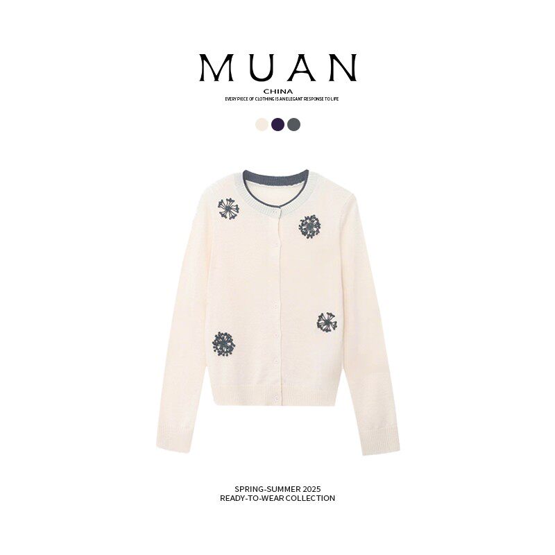 木岸muan小烟花开衫绣花定制羊毛251克毛衣圆领针织衫女DG3-081-1