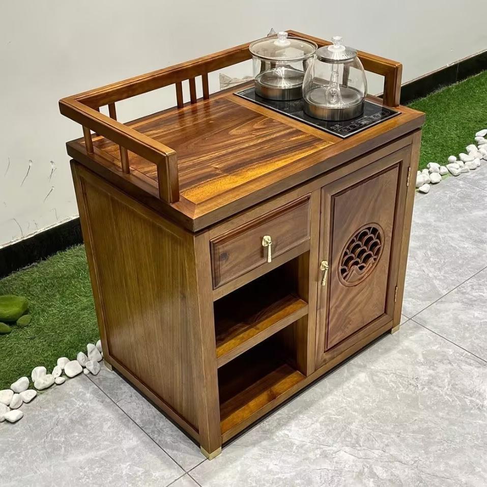 胡桃木茶水柜简约实木餐边柜新中式可移动置物柜奥坎小茶车收纳柜