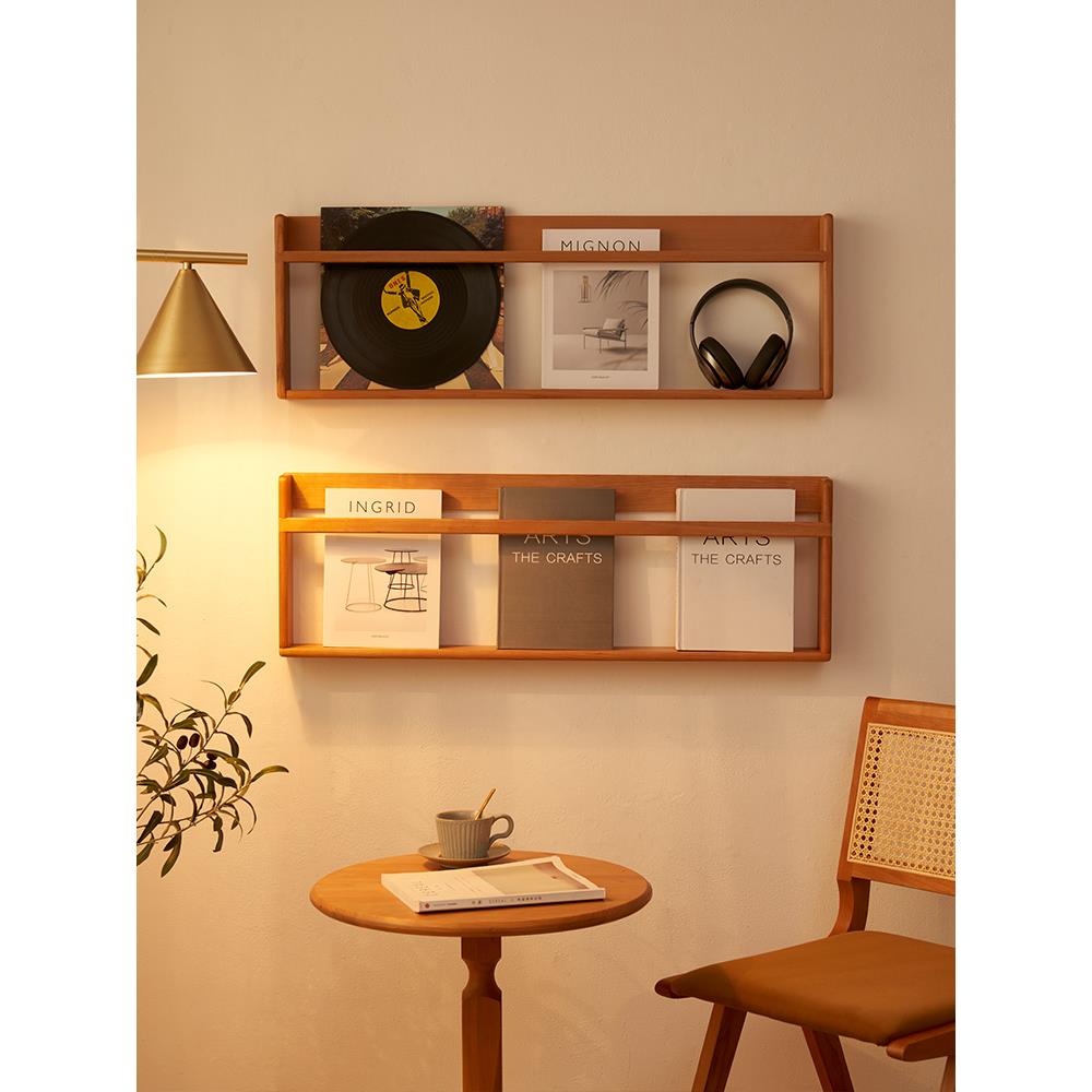 免打孔报刊杂志架挂墙置物架客厅收纳儿童书报绘本架樱桃木展示架