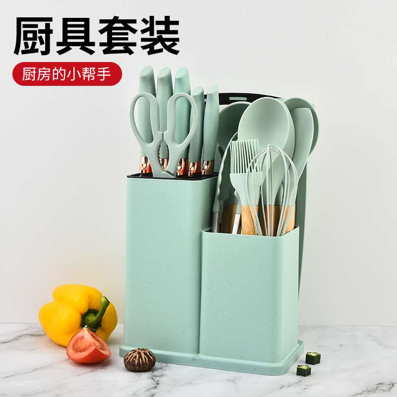跨境硅胶厨具19件套家用不粘锅专用木柄硅胶铲子汤勺厨房烹饪工具