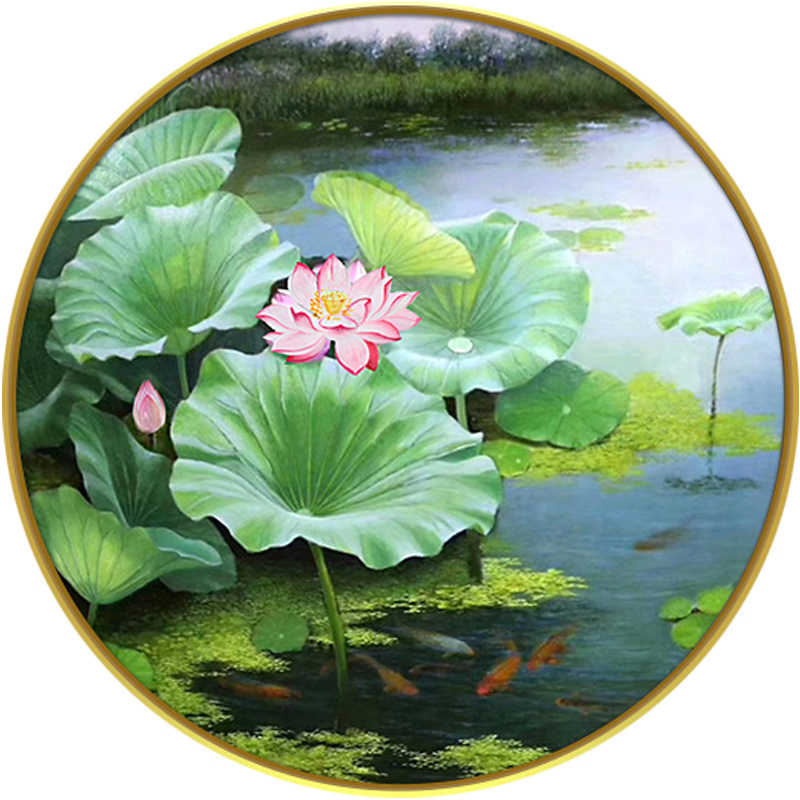 新中式圆形手绘油画客厅餐厅装饰画九鱼图荷花叶油画玄关招财挂画