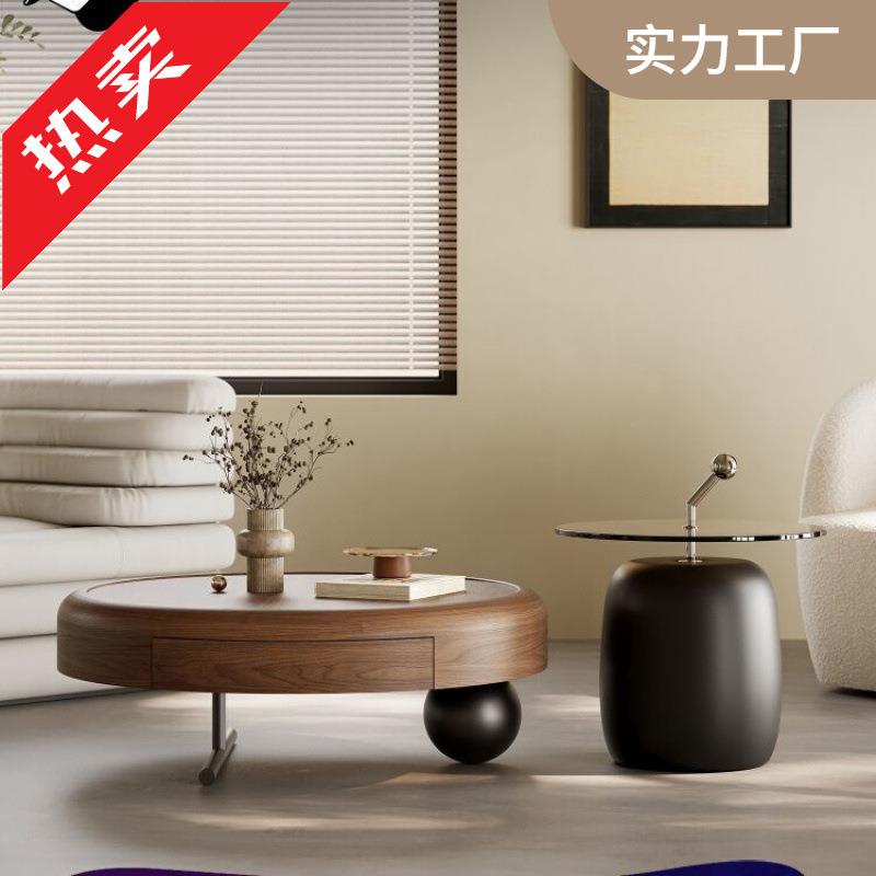 意式新款轻奢古风简约设计师实木家用圆形茶几小户型高级创意客厅