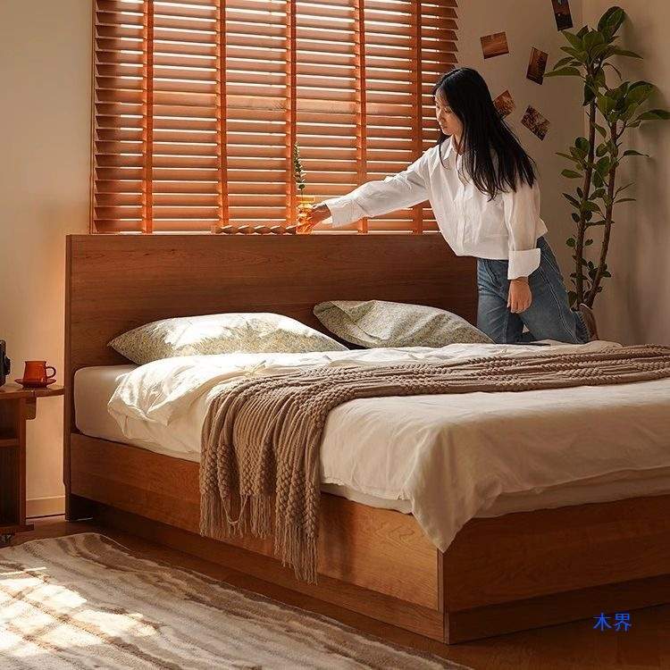 北欧全实木箱体床日式樱桃木卧室悬浮床小户型高靠背双人储物床