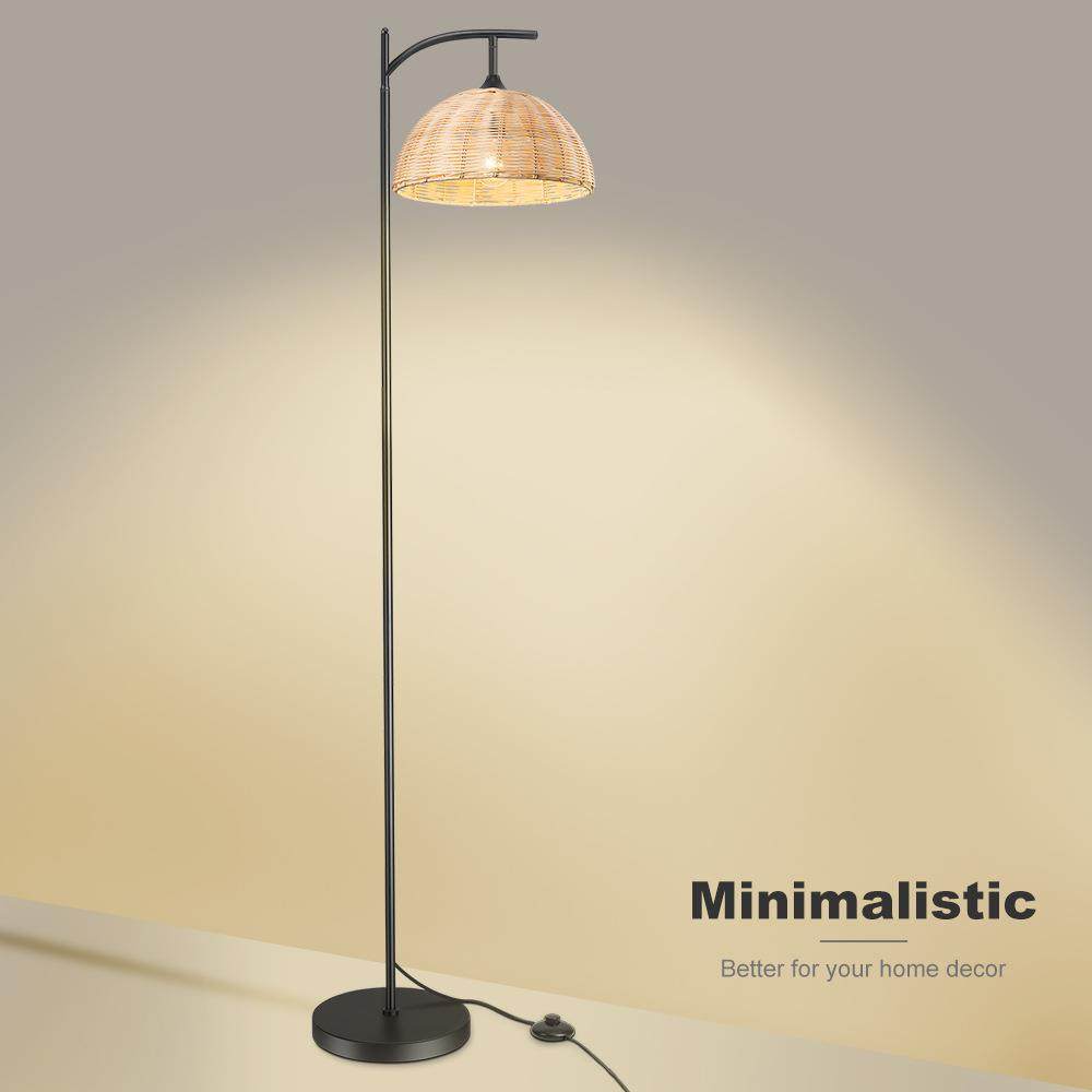 美式落地灯编织灯罩藤灯罩复古地灯黑色脚踏开关竹笼落地灯