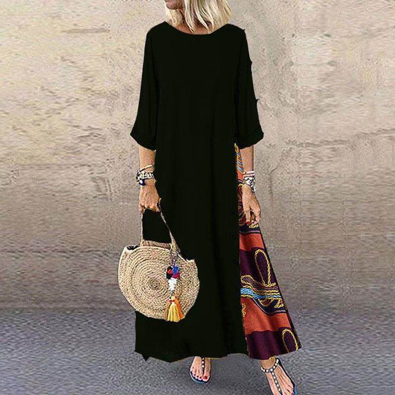 Loose dress with seven-point sleeves花卉圆领纽扣七分袖连衣裙