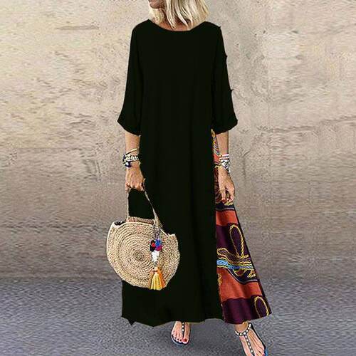 Loose dress with seven-point sleeves花卉圆领纽扣七分袖连衣裙