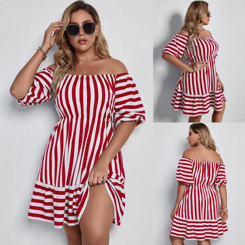 plus size women stripe print summer dress 夏季大码条纹连衣裙