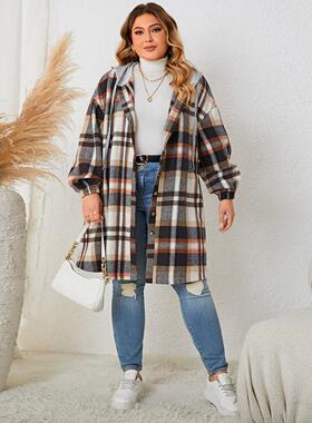 autumn winter Checkered hooded medium length jacket women