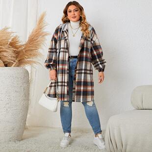autumn winter Checkered hooded medium length jacket women