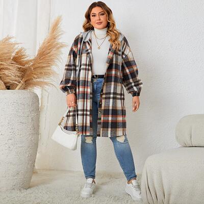 autumn winter Checkered hooded medium length jacket women