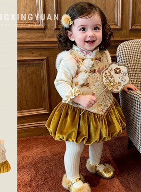 日本品质新中式女童背心裙冬新款周岁礼服小童女宝宝洋气国风背心