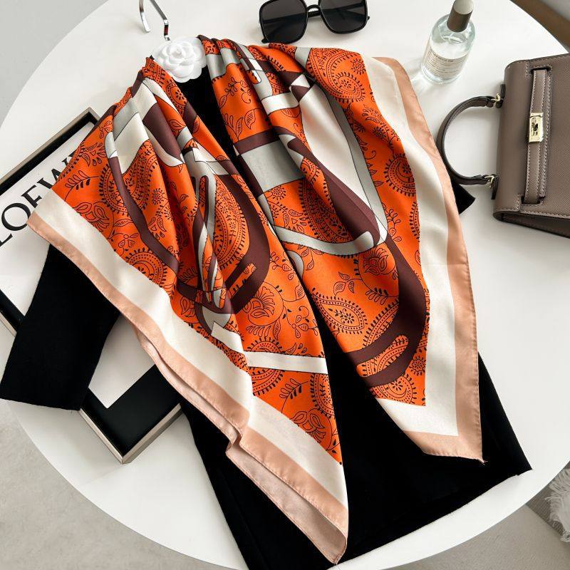 日本品质热卖新品90*90cm大方巾仿真丝优雅高级装饰披肩女士防晒