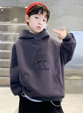 日本品质男童加绒连帽卫衣一体绒秋冬套头衫新款中大童卡通帅气上