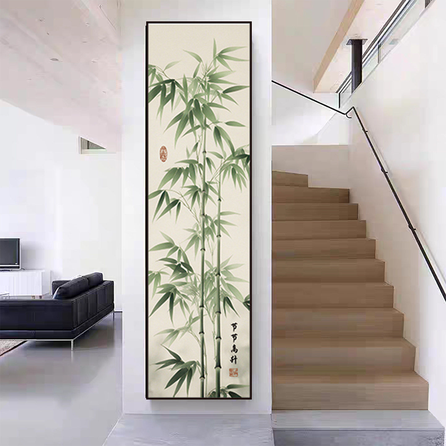 新中式古风竹子过道窄长条竖版玄关贴画走廊防水自粘装饰墙贴画