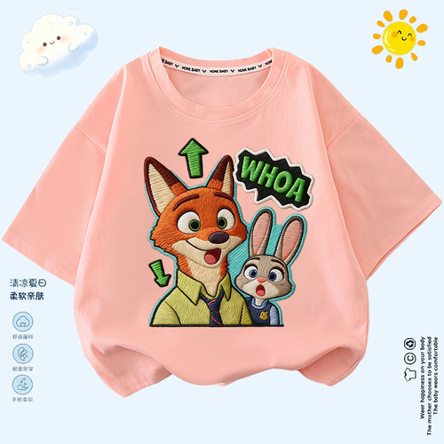 疯狂动物城zootopia儿童仿刺绣朱迪尼克男女童纯棉短袖薄款半袖T