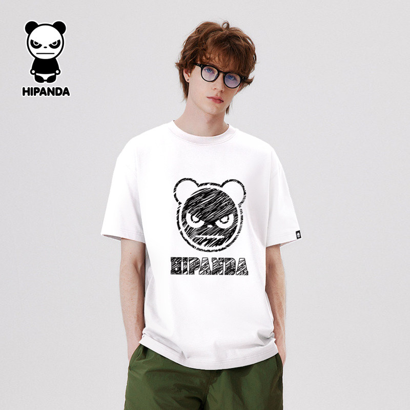 Hipanda你好熊猫男生纯棉宽松短袖T恤2025夏季新款情侣装潮牌t恤
