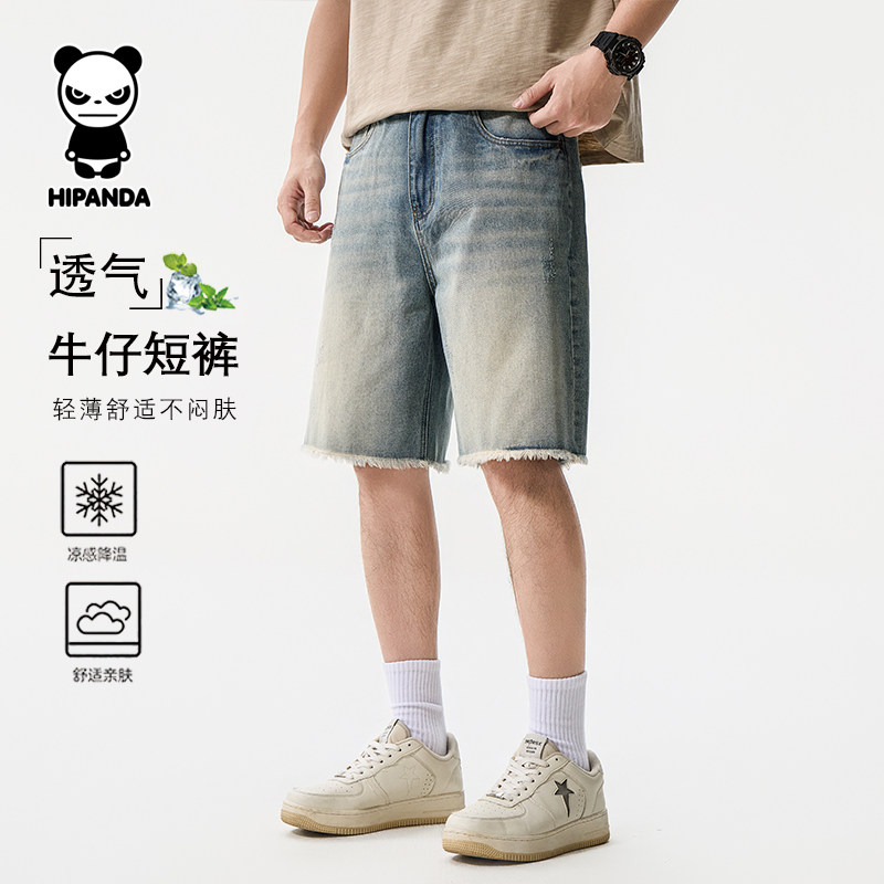 Hipanda你好熊猫美式水洗牛仔短裤男夏季复古做旧休闲中裤五分裤