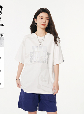 hipanda你好熊猫白色短袖上衣体恤打底衫男女2025春夏新款纯棉t恤