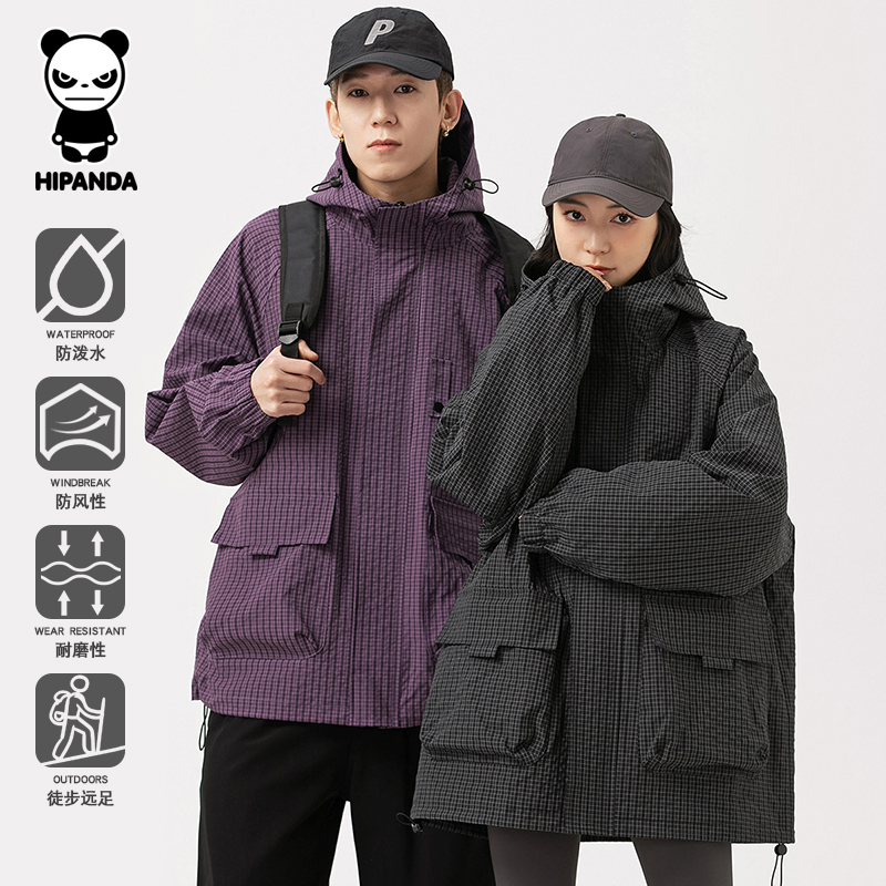 hipanda你好熊猫冲锋衣外套男女秋冬季宽松连帽防风休闲工装夹克