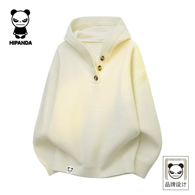 Hipanda你好熊猫连帽休闲毛衣外套男士秋季新款保暖宽松针织上衣