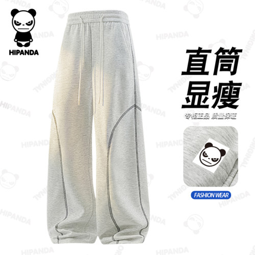 Hipanda你好熊猫美式条纹休闲裤男春季宽松垂感弯刀卫裤阔腿裤女
