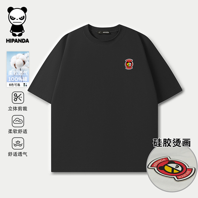 Hipanda你好熊猫烫画短袖T恤情侣夏季240克全棉落肩款宽松五分袖