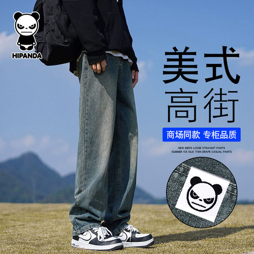 Hipanda你好熊猫秋季复古牛仔裤男士宽松直筒潮牌百搭休闲男长裤