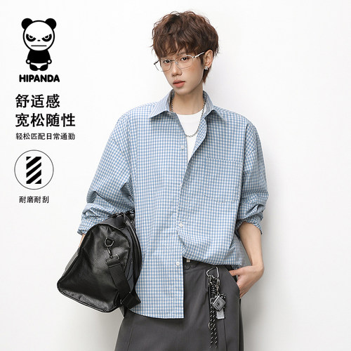 Hipanda你好熊猫撞色格子长袖衬衫男春秋款宽松休闲衬衣上衣外套