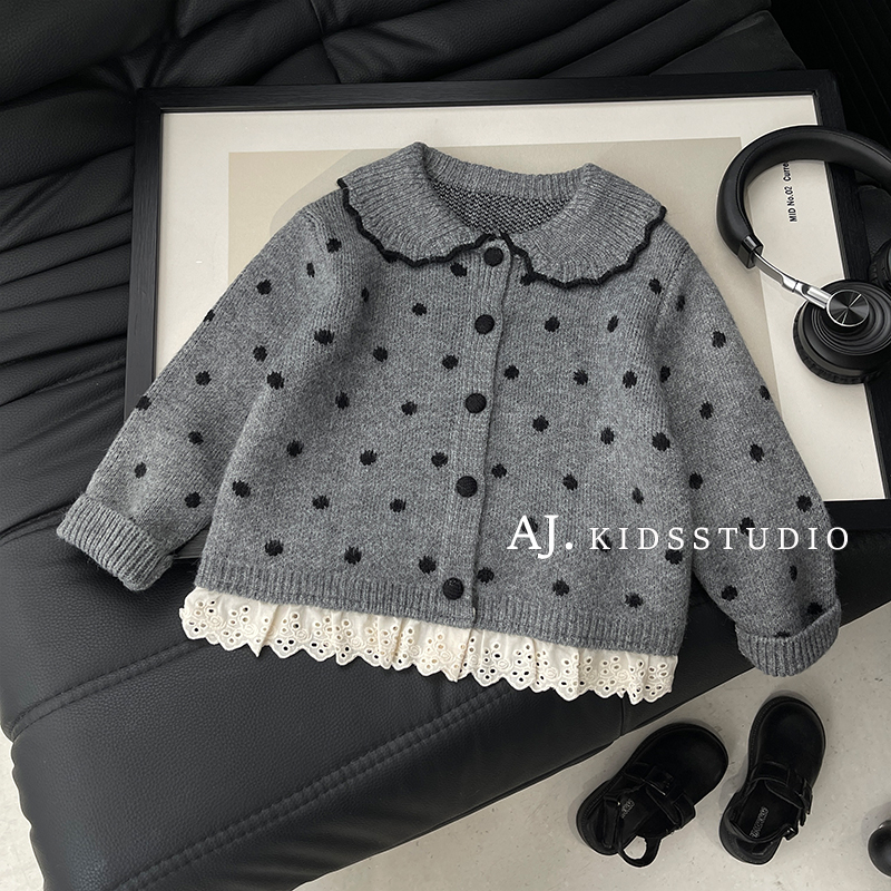 【泰酷】秋冬装女童韩版蕾丝拼接甜酷风休闲保暖毛衣开衫MPG7202