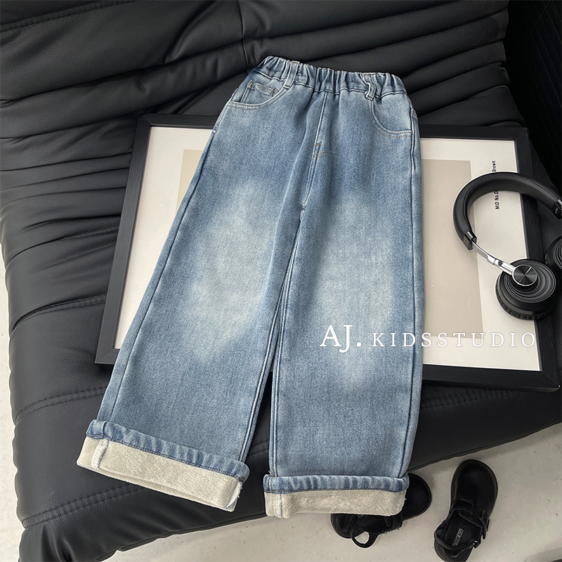 【泰酷】冬装儿童韩版时尚加绒加厚保暖休闲阔腿牛仔裤MPG7326