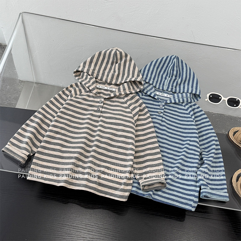 春装儿童韩版时尚撞色条纹休闲长袖套头连帽T恤SJ7359-CC1