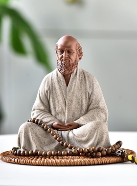 中式禅意手工紫砂达摩祖师爷人物摆件家居客厅茶室陶瓷工艺品摆设