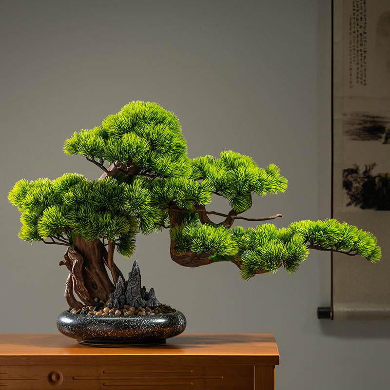 仿真迎客松根假山石盆景办公室摆件假树绿植玄关酒店别墅软装造景