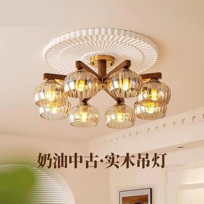 中古风客厅吊灯高级感复古轻奢简约胡桃木色护眼餐厅卧室灯吸顶灯