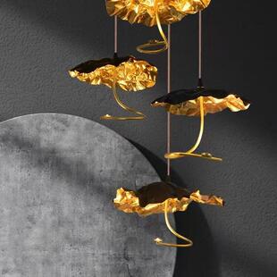 全铜荷叶楼梯吊灯复式楼别墅客厅餐厅轻奢高档大气黑金新中式灯具