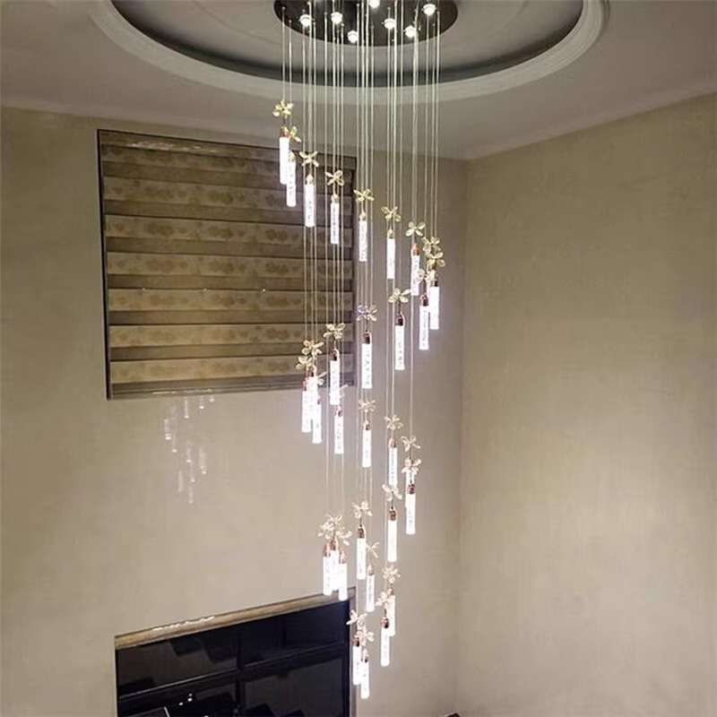 旋转楼梯长吊灯复式楼客厅挑空个性水晶柱别墅工程轻奢豪华大吊灯