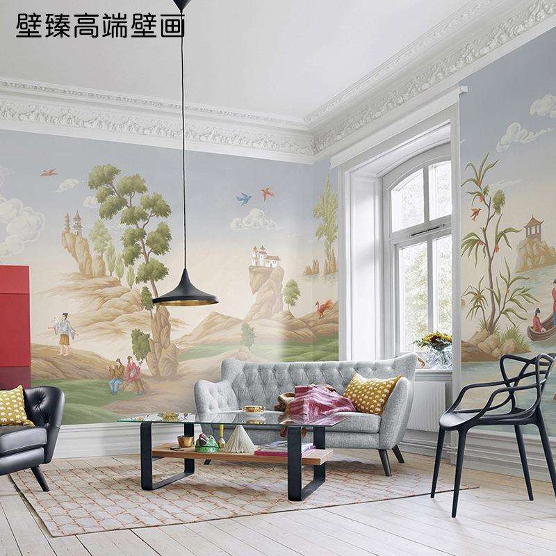 手绘西洋画悠长假日主题轻奢装饰壁画热带风景酒店客厅美式墙布