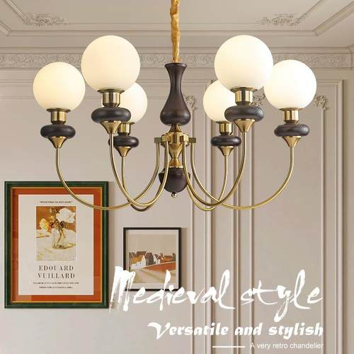 护眼美式客厅灯复古吊灯轻奢魔豆餐厅灯法式中古书房卧室木主灯