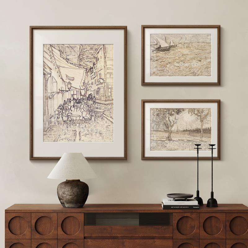 梵高素描风景画组合画法式复古艺术客厅装饰画中古风玄关斗柜挂画