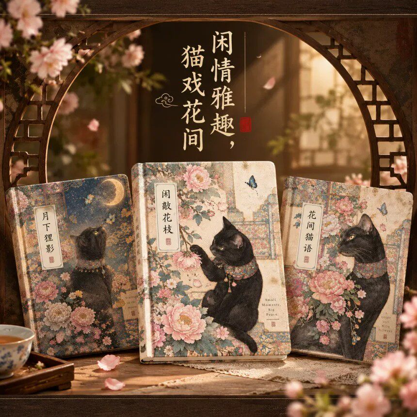 国潮新中式黑猫PU皮手账本
