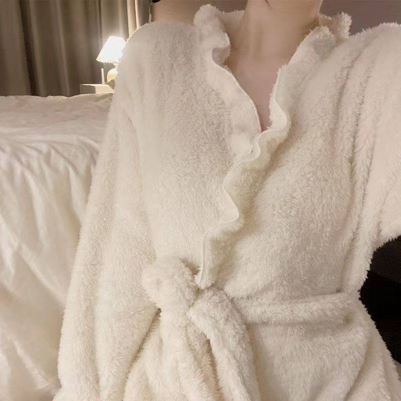 2024 New Nightgown Women's Autumn and Winter Sexy Coral Velvet Thickened and Fleece Long Pajamas Bath Bathrobe Loungewear