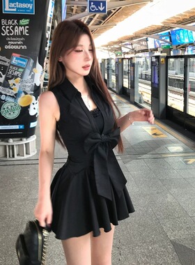 法式黑色蕾丝蝴蝶结无袖连衣裙夏季新款纯欲风收腰显瘦蓬蓬裙短裙