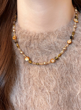 日本品质小众复古串珠虎眼石美拉德项链女款2025新款锁骨链大气高