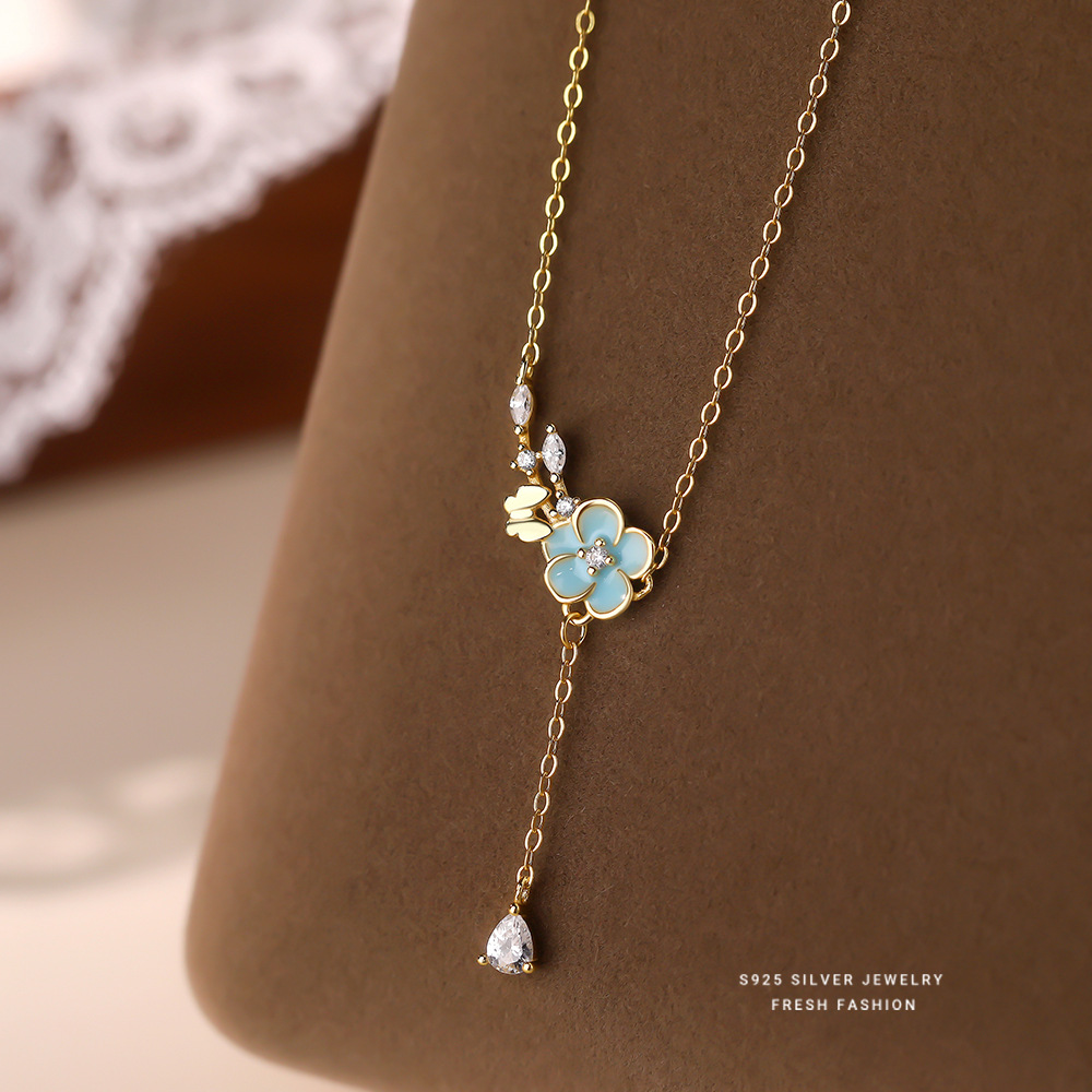 日本品质S925纯银金枝繁花项链女长流苏小众设计感森系气质蝴蝶花