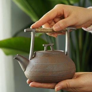 复古粗陶无釉手工围炉煮茶壶提梁壶家用陶瓷烧水壶电陶炉可用简约