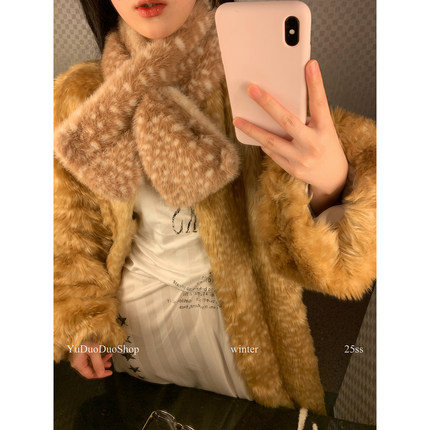 时髦复古毛绒小鹿围巾女y2k仿皮草毛毛交叉围脖秋冬保暖护颈部潮